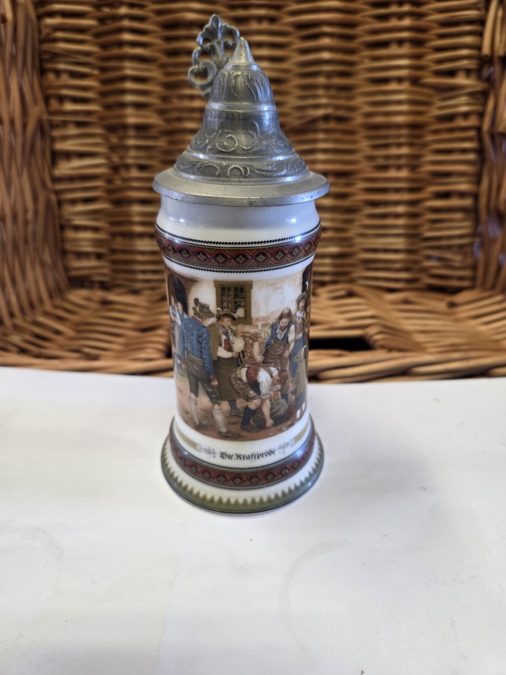 German Ceramic Beer Stein CLASSIC BAVARIAN MOTIF "THE TRIAL OF STRENGHT"